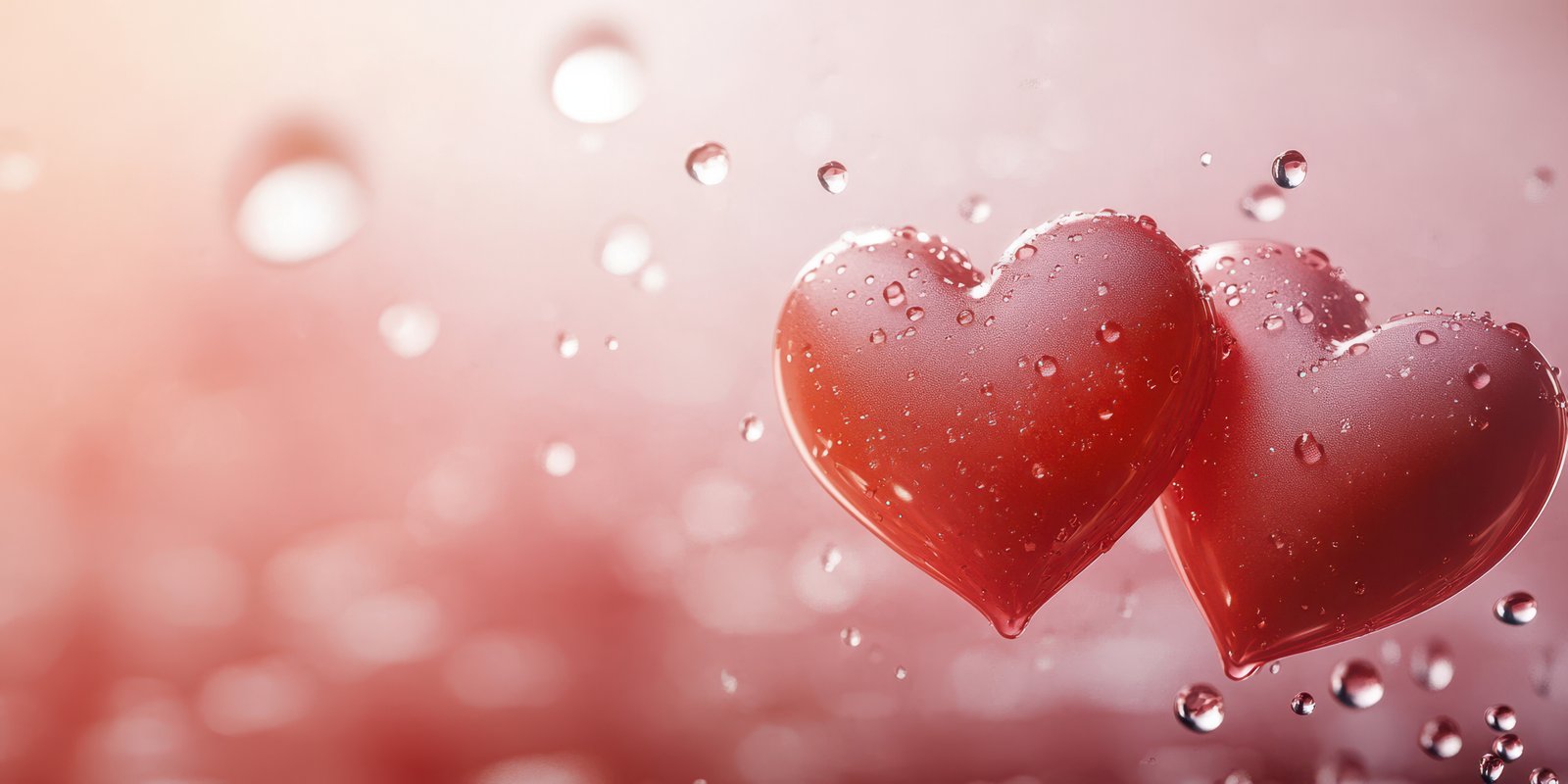 Two red hearts decorated with droplets resting on a soft surface illuminated by warm light